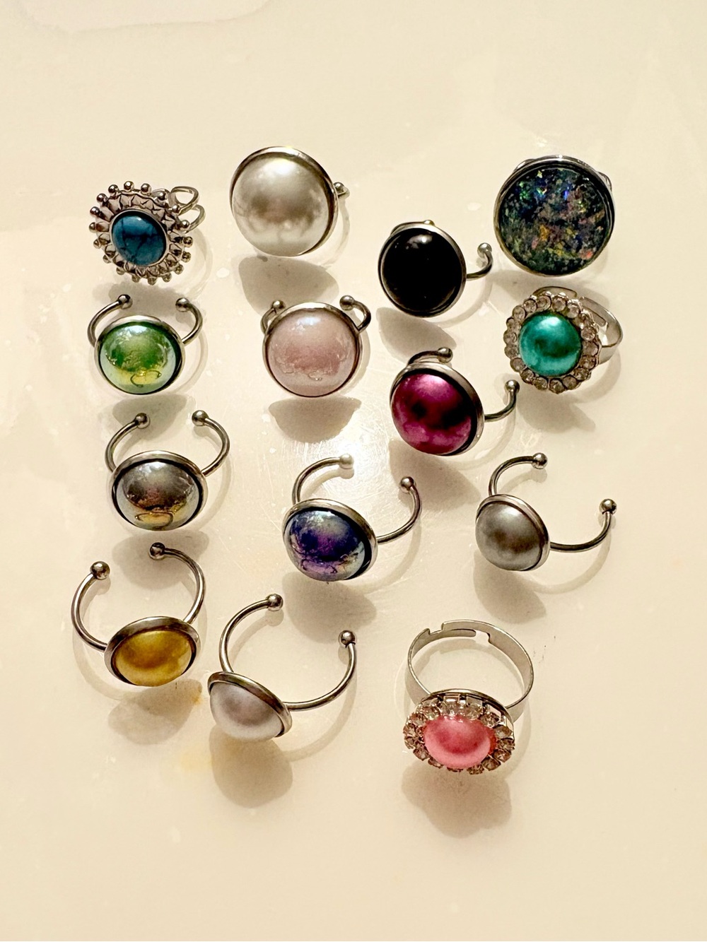 Adjustable Multicolor Dome Ring - Pink Pearl Accent Set of 14 NWOT